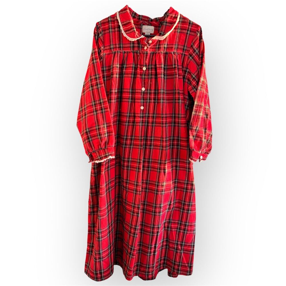 Vintage Lanz of Salzburg Red Plaid Tartan Cotton Lace Flannel Nightgown Large EC